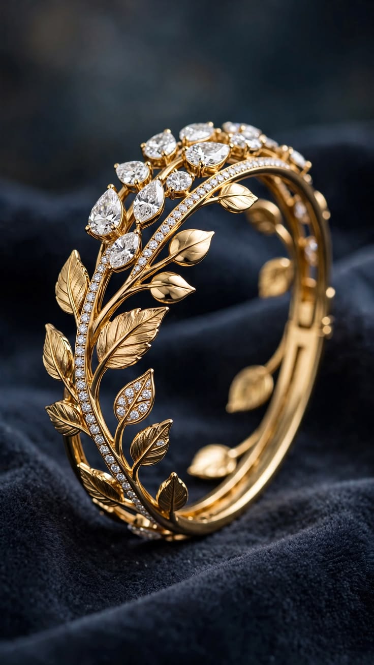 Laurel Vine Gold Bangle Bracelet with Pavé & Pear-Cut Crystal Accents