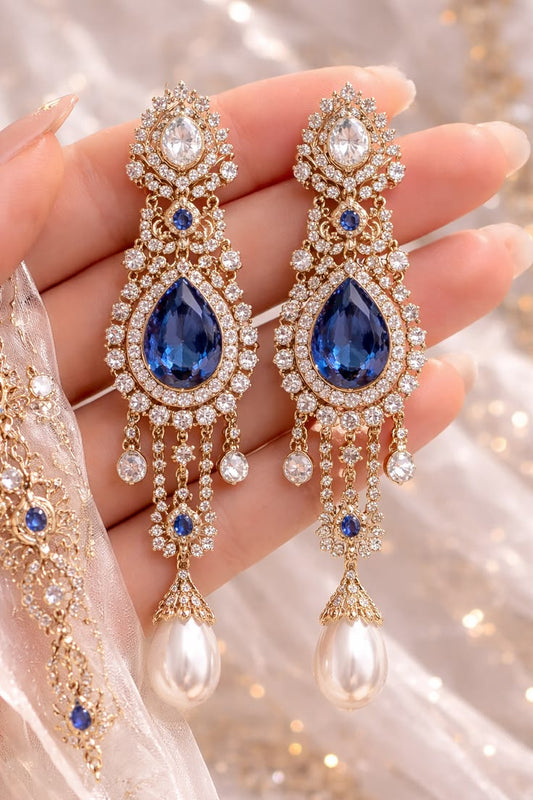 Maharani Royal Blue Crystal Chandelier Earrings with Pearl Drop