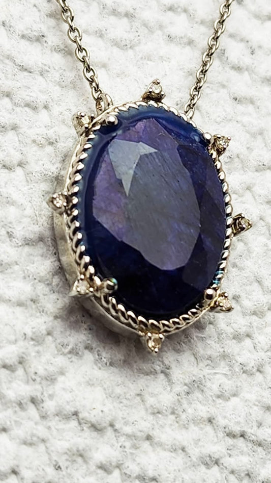 Colleen Lopez Sterling Silver Natural Opaque Sapphire & Diamond Oval Pendant Necklace