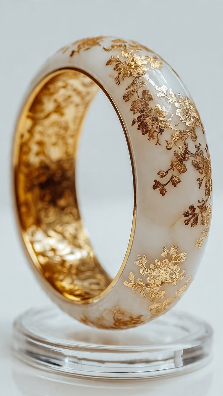 Mei Hua White Jade Bangle Bracelet with 24K Gold Floral Detailing