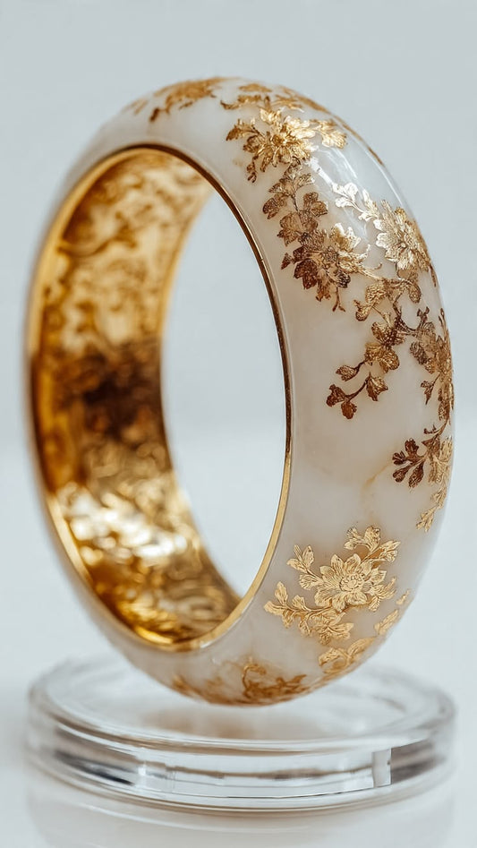 Mei Hua White Jade Bangle Bracelet with 24K Gold Floral Detailing
