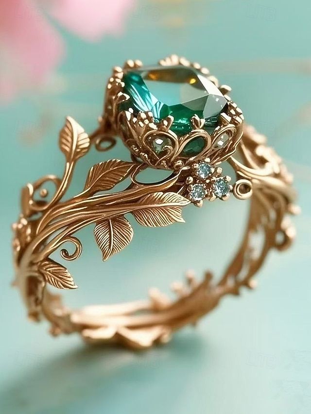 Willow Bohemian Leaf Ring with Emerald-Cut Gemstone
