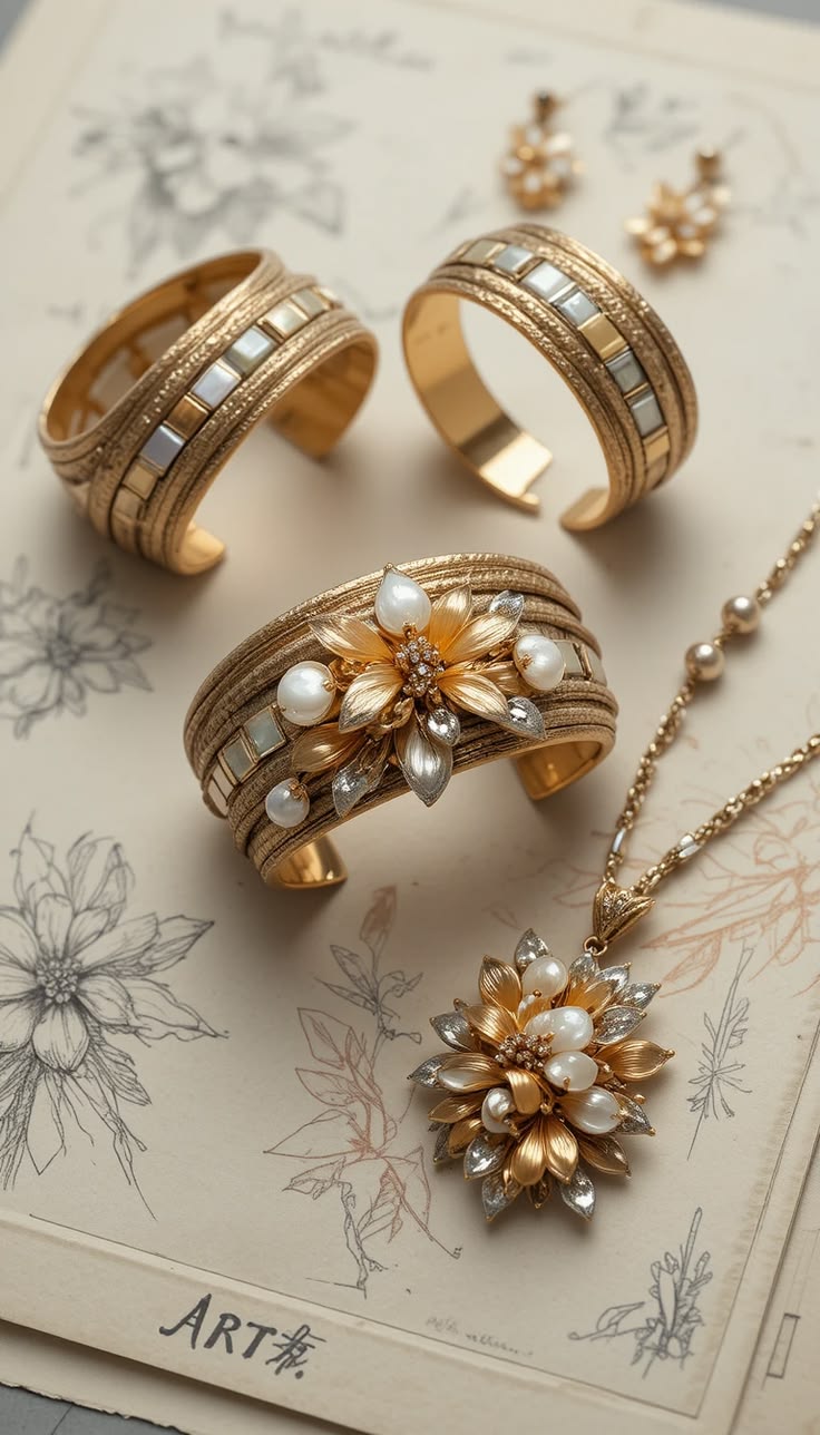 Camille Gold Botanical Pearl Jewelry Collection — Cuffs, Earrings & Pendant Necklace